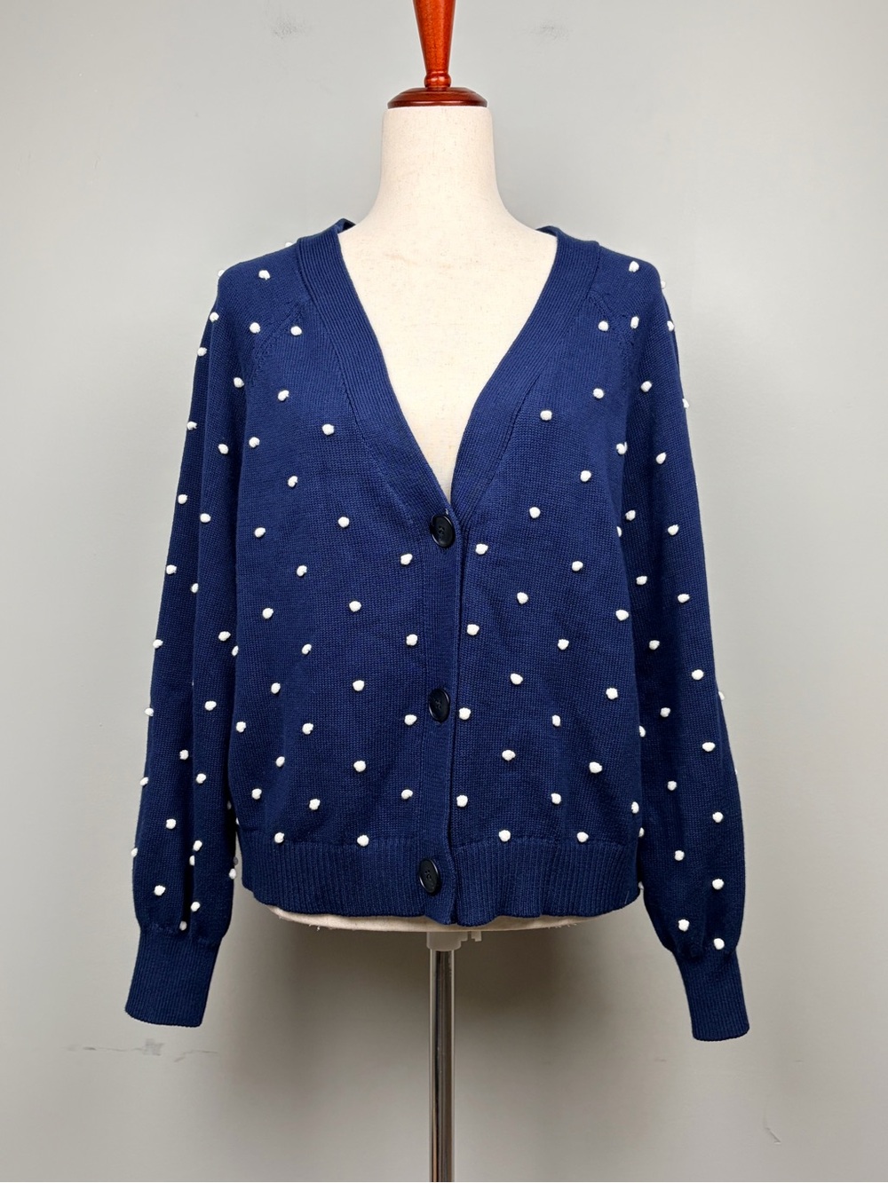 LOFT Navy Pom Pom Cardigan Sweater XL NWT Cotton Polka Dot Preppy